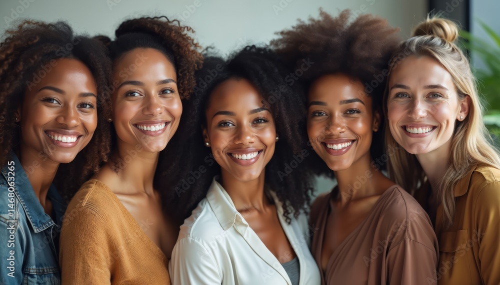 Fototapeta premium Group portrait diverse women. Smiling faces, happiness, multiethnic individuals. Teamwork, unity, cooperation. Corporate, workplace, colleagues, professionals, business, gender equality, inclusion,