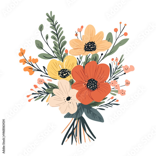 Flat vector Flower Bouquet, minimalist design, isolated on a white background.