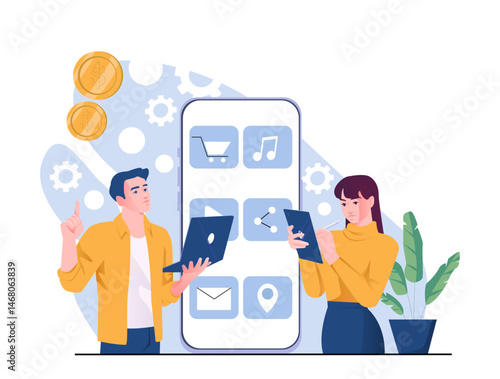 Two people using digital devices in front of a giant smartphone interface with app icons, flat style on a white and blue background. Concept of app development. Vector illustration