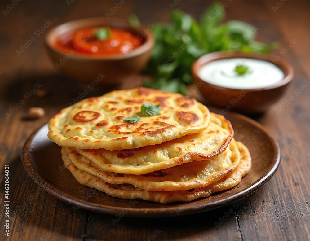 Stack of aloo paratha, Indian potato-stuffed flatbread. Traditional north Indian breakfast dish with ketchup, curd sauces. Vegan vegetarian healthy meal. Wheat flour flatbread served on wooden plate Stack of aloo paratha, Indian potato-stuffed flatbread. Traditional north Indian breakfast dish with ketchup, curd sauces. Vegan vegetarian healthy meal. Wheat flour flatbread served on wooden plate