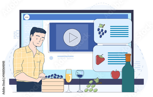 Man standing in front of a computer screen watching an online winemaking course with fruits and wine glasses on a white background. Concept of e-learning. Vector illustration