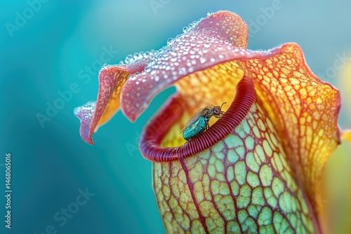 A vibrant pitcher plant with dew drops traps an unsuspecting insect inside its colorful, patterned pitcher.