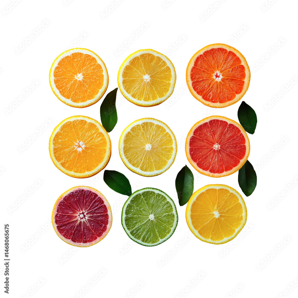 Vibrant Citrus Fruit Slices Arranged in a Grid Pattern with Green Leaves Vibrant Citrus Fruit Slices Arranged in a Grid Pattern with Green Leaves