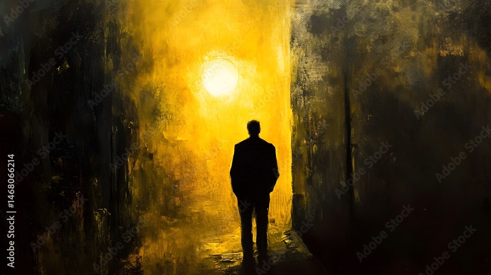 Fototapeta premium A solitary figure stands in a foggy alley illuminated by a dim streetlight