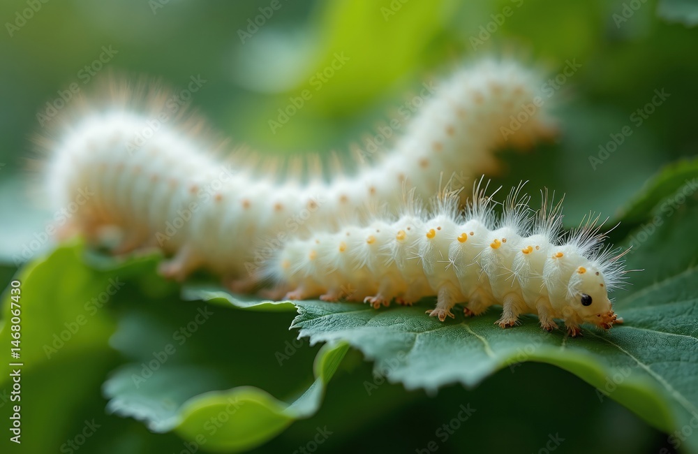 Fototapeta premium Silkworms caterpillars on green leaf. Bombyx mori silkworm primary producer of silk. Insect feeding plant fiber. Textile industry animal culture. Close-up macro shot nature organic farm.