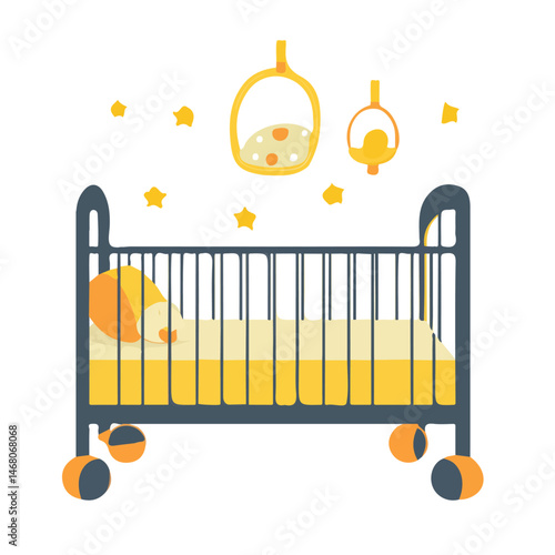 Crib With Mobile Flat vector, minimalist design, isolated on a white background.