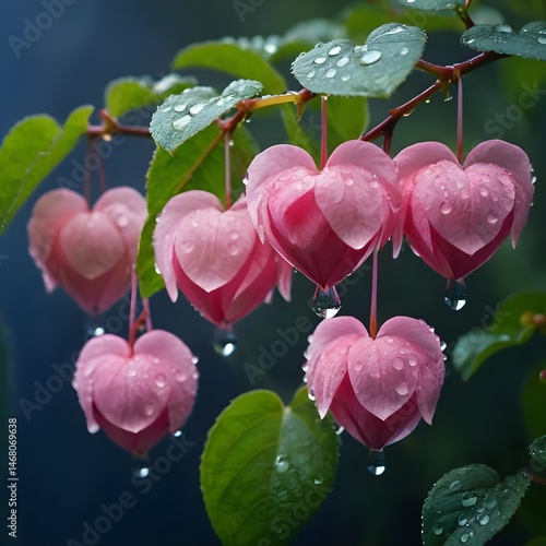 Pink Heart-Shaped Flowers with Raindrops