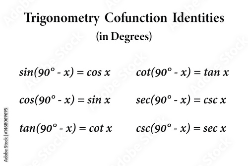 Trigonometry cofunction identities in degrees on the white background. Education. Science. School. Vector illustration.