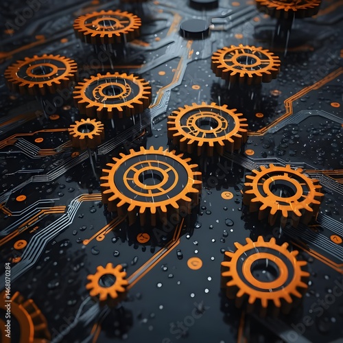 Orange Gears on Circuit Board with Water Drops