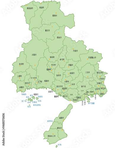 兵庫県　地図　黄緑　斑点　イラスト