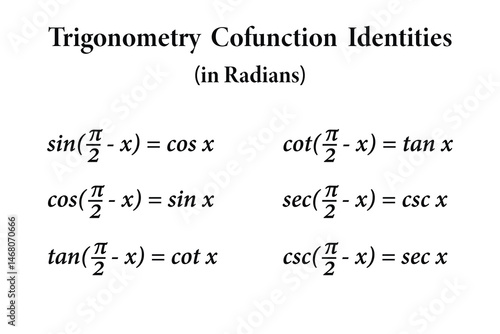 Trigonometry cofunction identities in radians on the white background. Education. Science. School. Vector illustration.