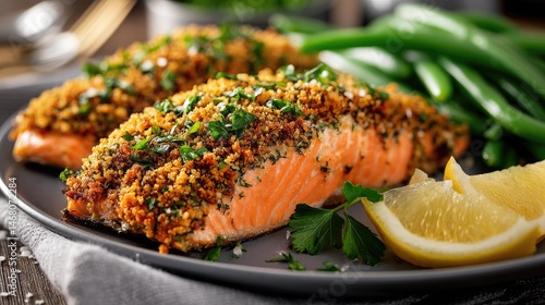 Baked Salmon Delight Herb Crust with Green Beans, and Lemon Wedge.