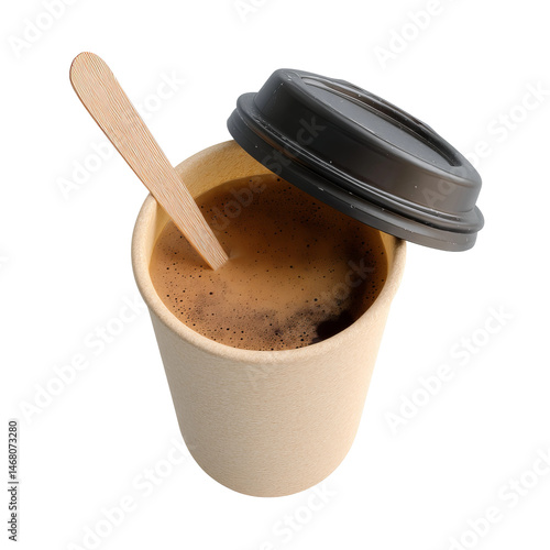 A cup of coffee with a wooden stirrer and a black lid. The coffee is dark brown and appears hot. The cup is made of light beige paper.