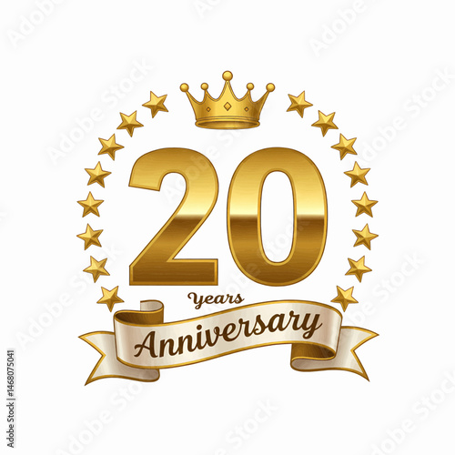 Vector illustration on a transparent white background, of a golden logo, commemorating the 20th anniversary. The number "20" appears in gold.
