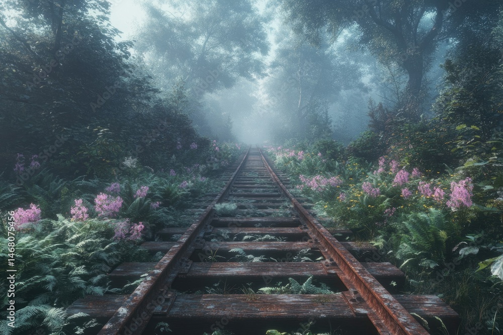 Overgrown rusty train tracks vanish into a misty, enchanting forest, wildflowers blooming along the way. Overgrown rusty train tracks vanish into a misty, enchanting forest, wildflowers blooming along the way.