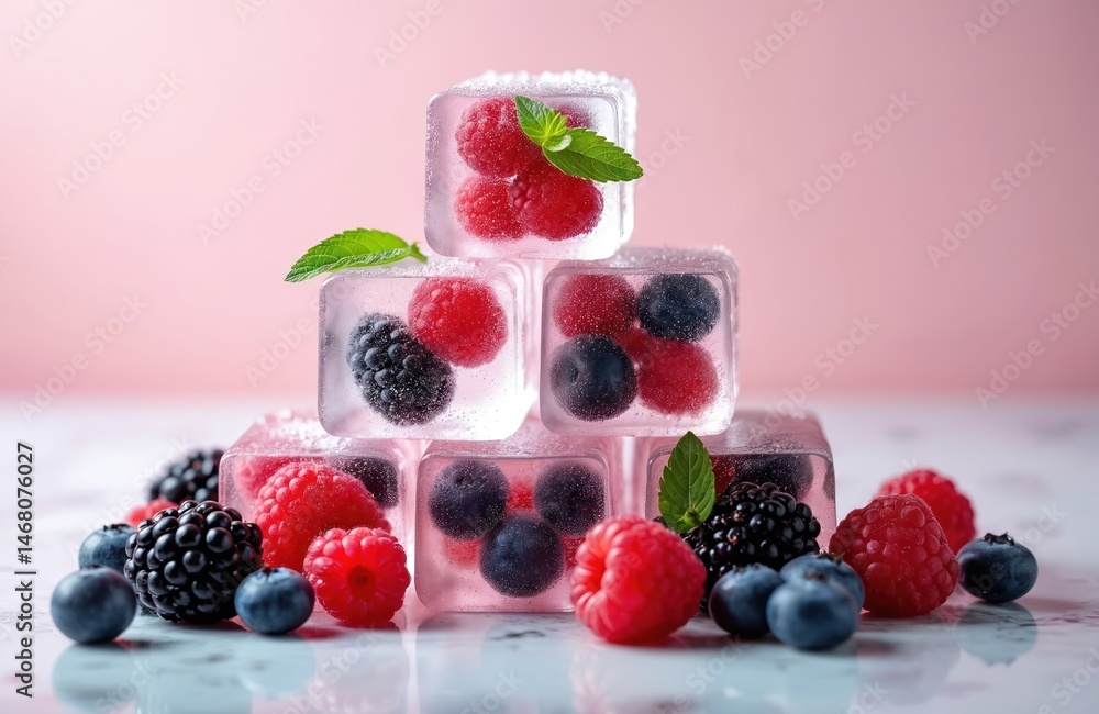 Frozen ice cubes with variety of summer berries inside. Raspberry, blackberry, blueberry. Fresh mint leaves. Sweet refreshing cold dessert, healthy organic food, raw ingredients, natural vitamins. Frozen ice cubes with variety of summer berries inside. Raspberry, blackberry, blueberry. Fresh mint leaves. Sweet refreshing cold dessert, healthy organic food, raw ingredients, natural vitamins.
