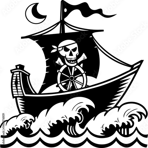 Pirate skull with ship tattoo design, SVG with clean lines. Pirate Ship Sailing on Ocean Waves with Skull and Crossbones
