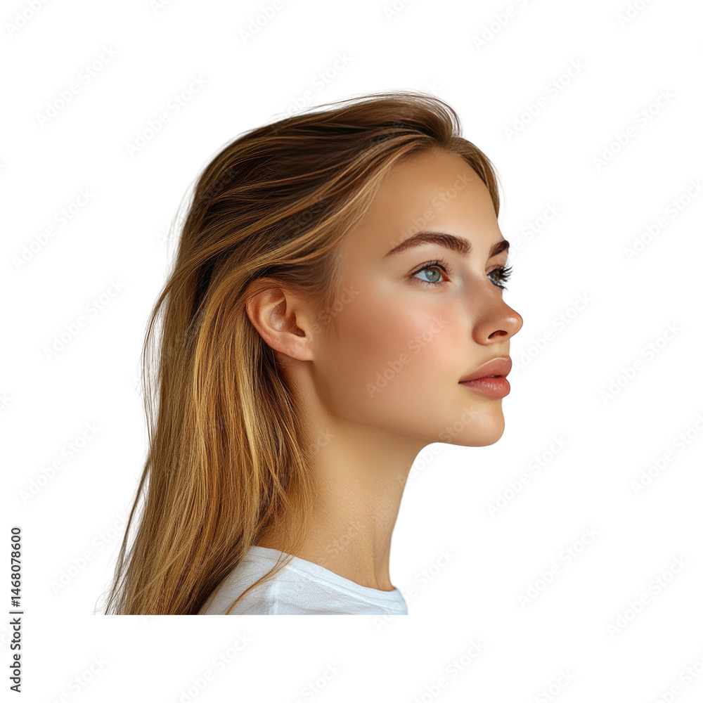 Obraz premium Profile of a Young Woman with Long Blonde Hair, Looking to the Side