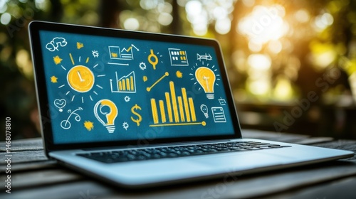 Laptop displaying business icons on screen outdoor setting for creative work concepts remote collaboration and productivity on nature