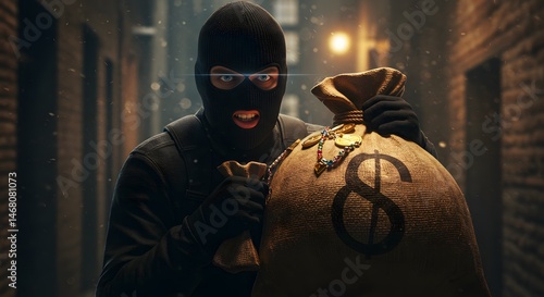 Thief Wearing Balaclava Holding Bags of Loot in Dark Alley