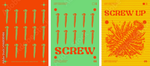 Bold Canine Poster triking trio features screw illustrations with vibrant red, green, and yellow backgrounds