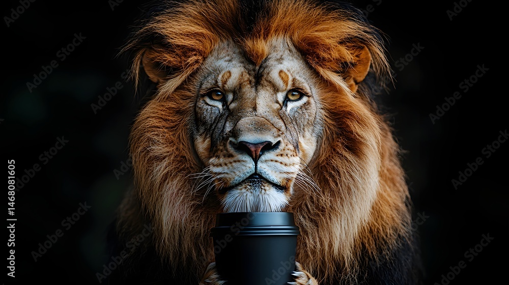 Fototapeta premium A regal lion sipping coffee in a crisp suit