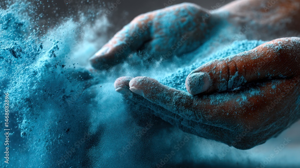 Fototapeta premium Hands holding blue powder, explosion, studio