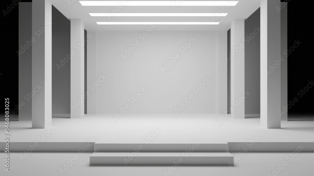 A minimalist white room with a platform and stairs. A minimalist white room with a platform and stairs.