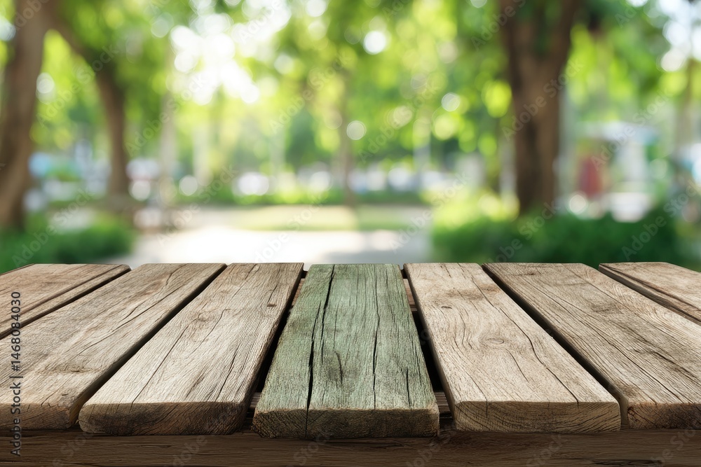 Rustic wooden surface against a blurred green park background Rustic wooden surface against a blurred green park background