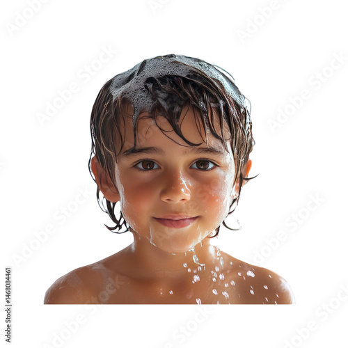 Happy Child with Shampoo and Water in Hair - Cleanliness and Freshness