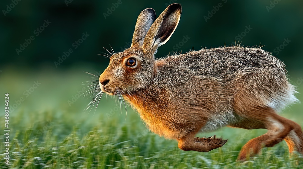 Fototapeta premium Hare running meadow sunset wildlife nature