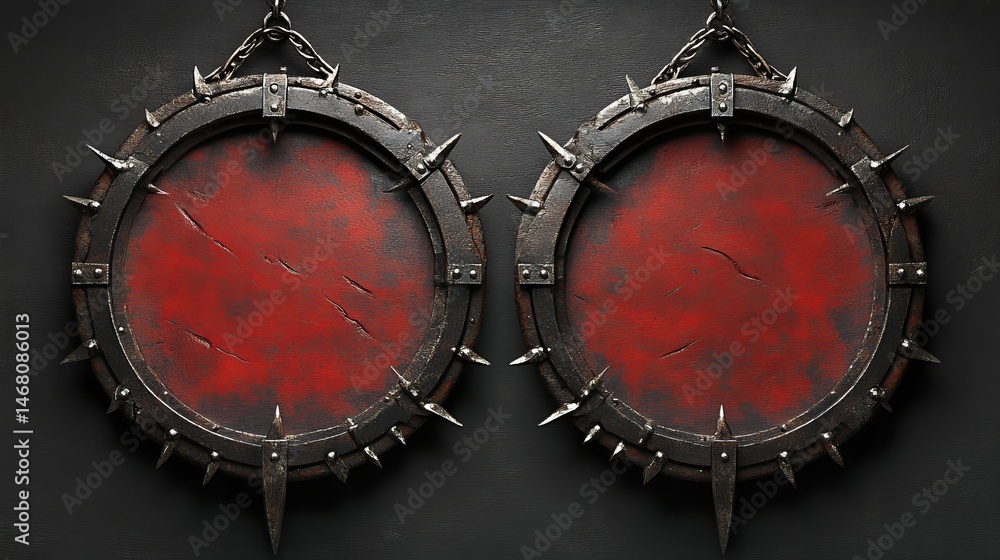 Obraz premium Circle game frames with UI rank or avatar round borders are offered in a range of decor styles, from wooden and metal to bronze, silver, golden, and platinum, for use in medieval RPG games or apps