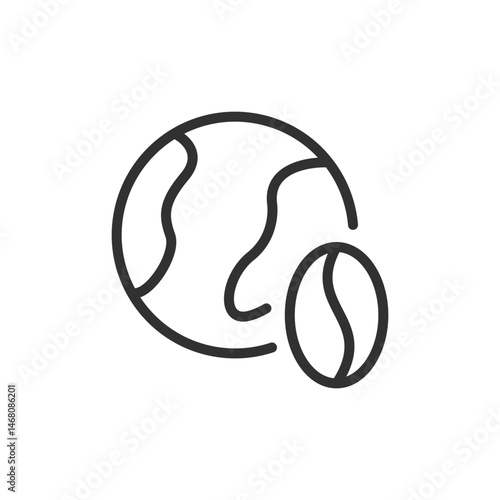 Coffee bean and globe, linear icon. Global coffee trade and culture. Line with editable stroke.