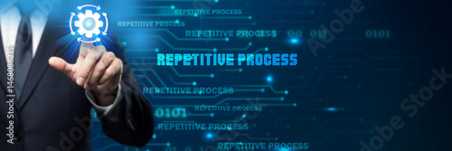 Businessman interacts with repetitive process icon in a digital, futuristic environment, symbolizing automation, workflow management, and optimizing repeated tasks with technology...