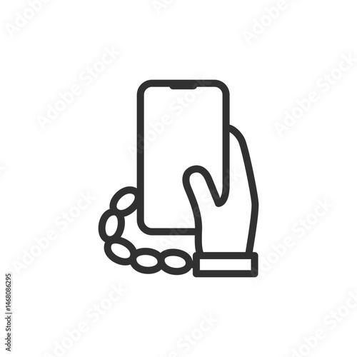 Hand holding smartphone with chain, linear icon. Tech addiction and dependency. Line with editable stroke