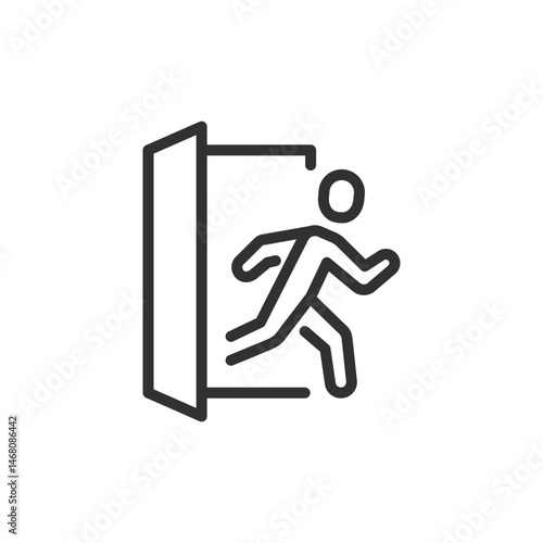 Person running out of door, linear icon. Emergency exit or fast escape. Line with editable stroke.