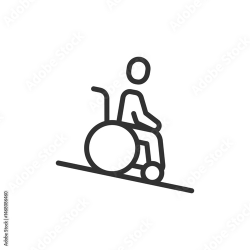 Wheelchair user on downward ramp, linear icon. Accessible path or slope descent. Line with editable stroke.