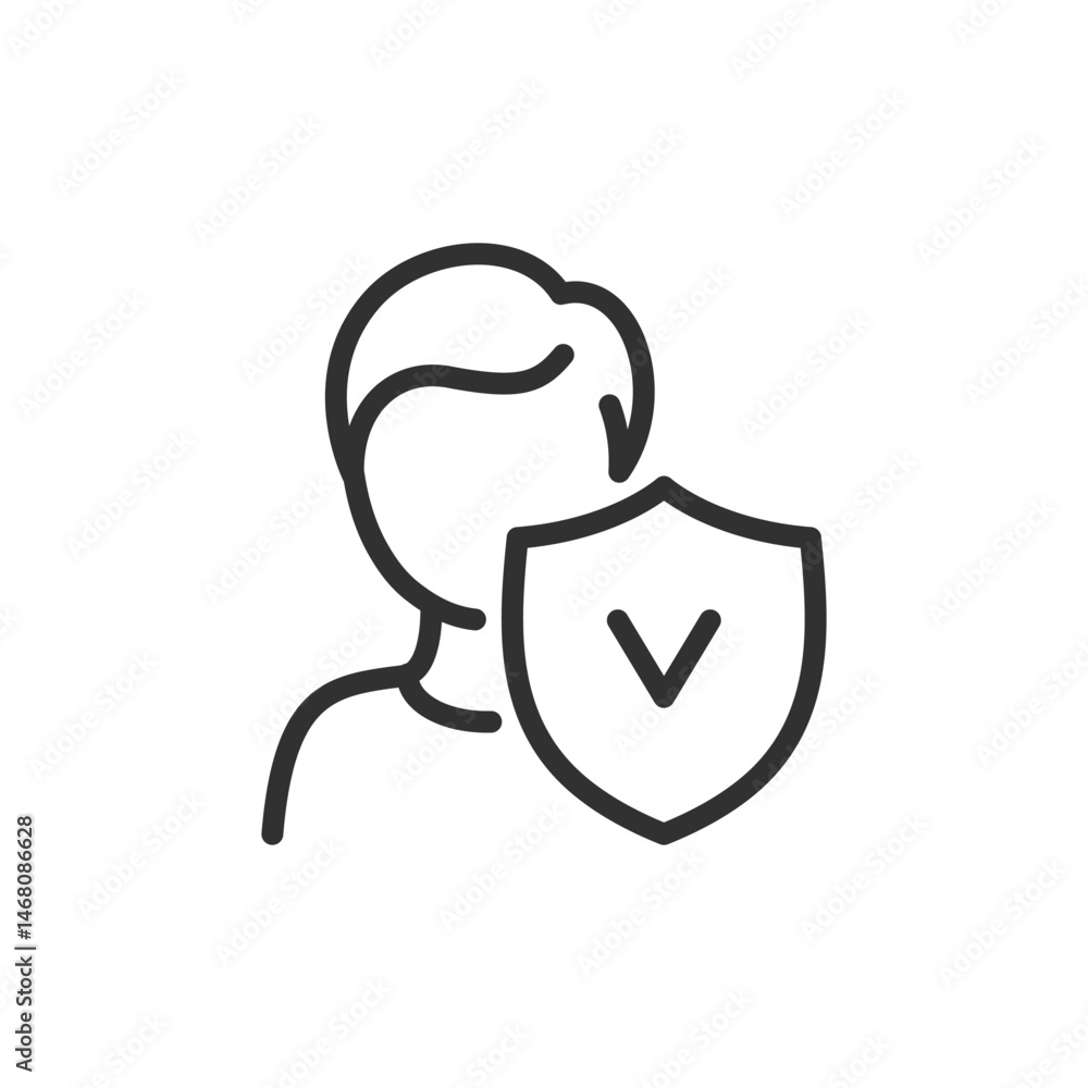 Person with shield, linear icon. Security, user protection, and anonymous. Line with editable stroke. Person with shield, linear icon. Security, user protection, and anonymous. Line with editable stroke.