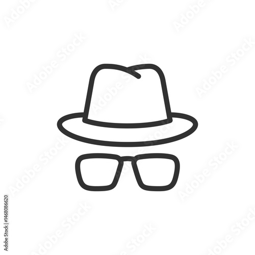 Hat and glasses symbol, linear icon. Anonymous browsing, incognito mode, hidden identity. Line with editable stroke