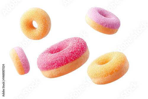 Delicious colorful donuts falling sweet tasty food background eat yum pink on transparent background