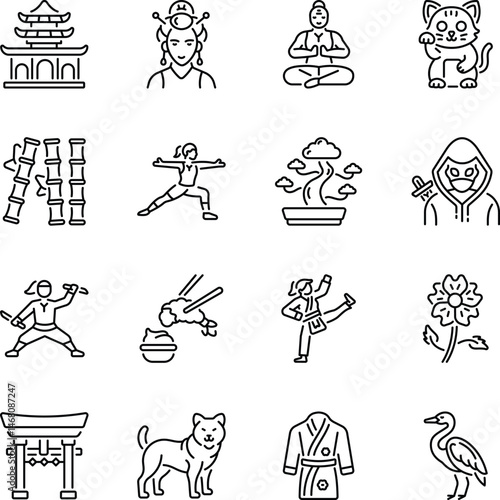 Collection of Japanese and Asian Line Style Icons

