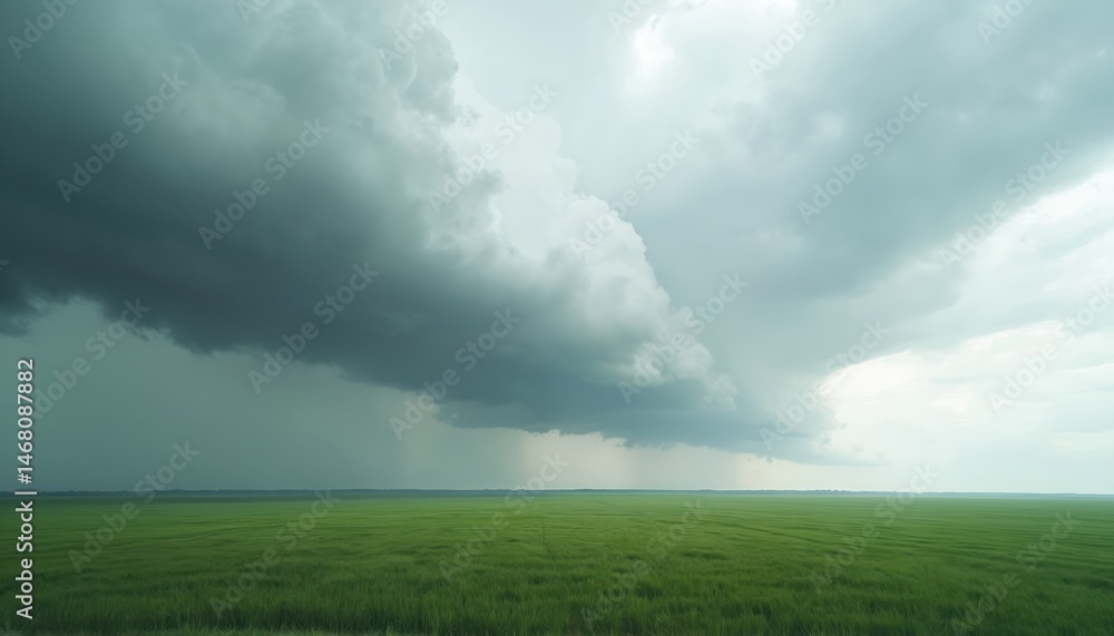 Dramatic sky over green field. Dark storm clouds and heavy rain. Climate, weather events, agricultural land, environment. Focus on atmospheric science, climate modeling, risk, change. Dramatic sky over green field. Dark storm clouds and heavy rain. Climate, weather events, agricultural land, environment. Focus on atmospheric science, climate modeling, risk, change.