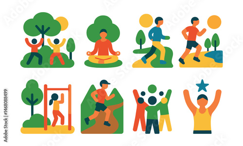 Flat vector icons of outdoor workouts: park fitness classes badge, open-air yoga sessions badge, morning jogging routes badge, beach bootcamp planner, playground fitness exercises badge, trail