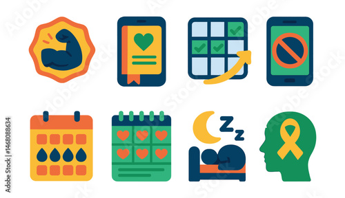 Flat vector icons of wellness challenges and programs: 30-day fitness challenge badge, wellness journal app, habit-building challenge icon, digital detox challenge badge, no sugar month tracker,