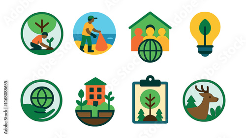 Flat vector icons of green initiatives: tree planting event badge, beach cleanup volunteer badge, sustainable community project badge, green startup idea badge, eco-volunteer program icon, urban