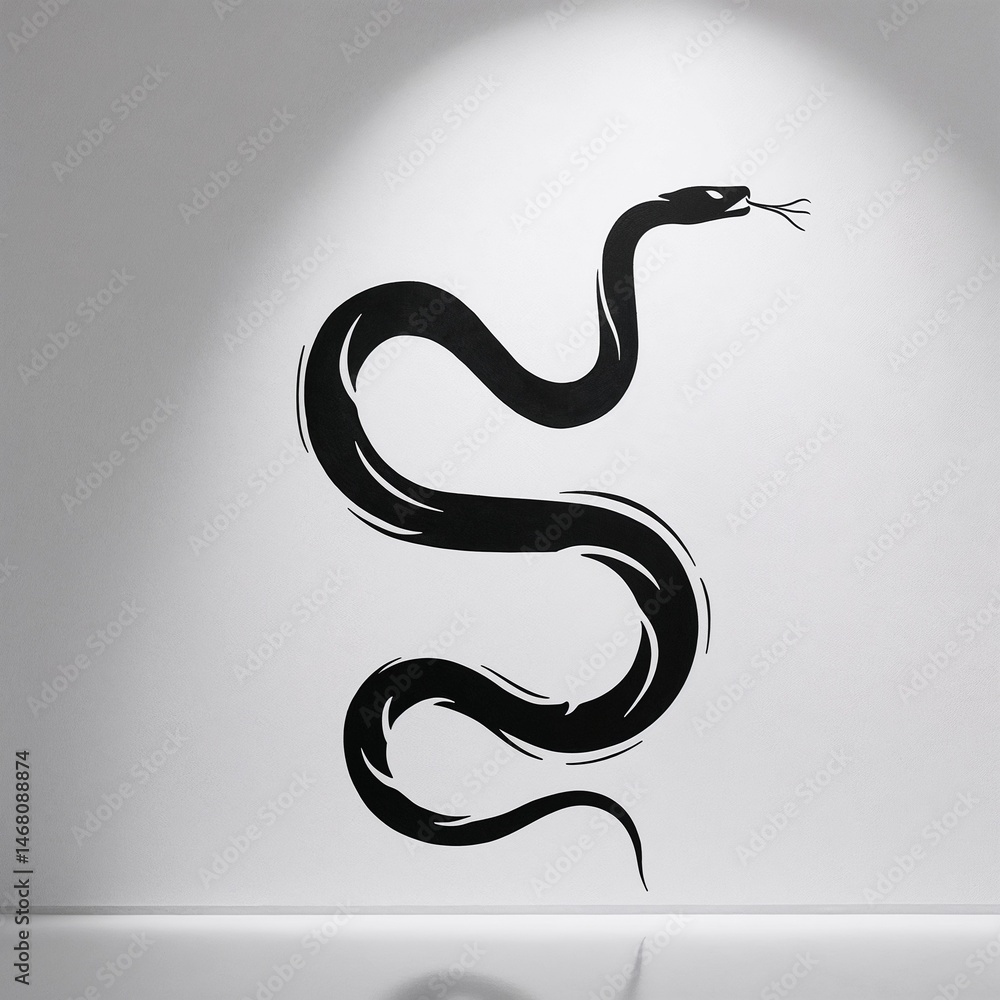 Naklejka premium Minimalist black snake mural on a clean white wall 
