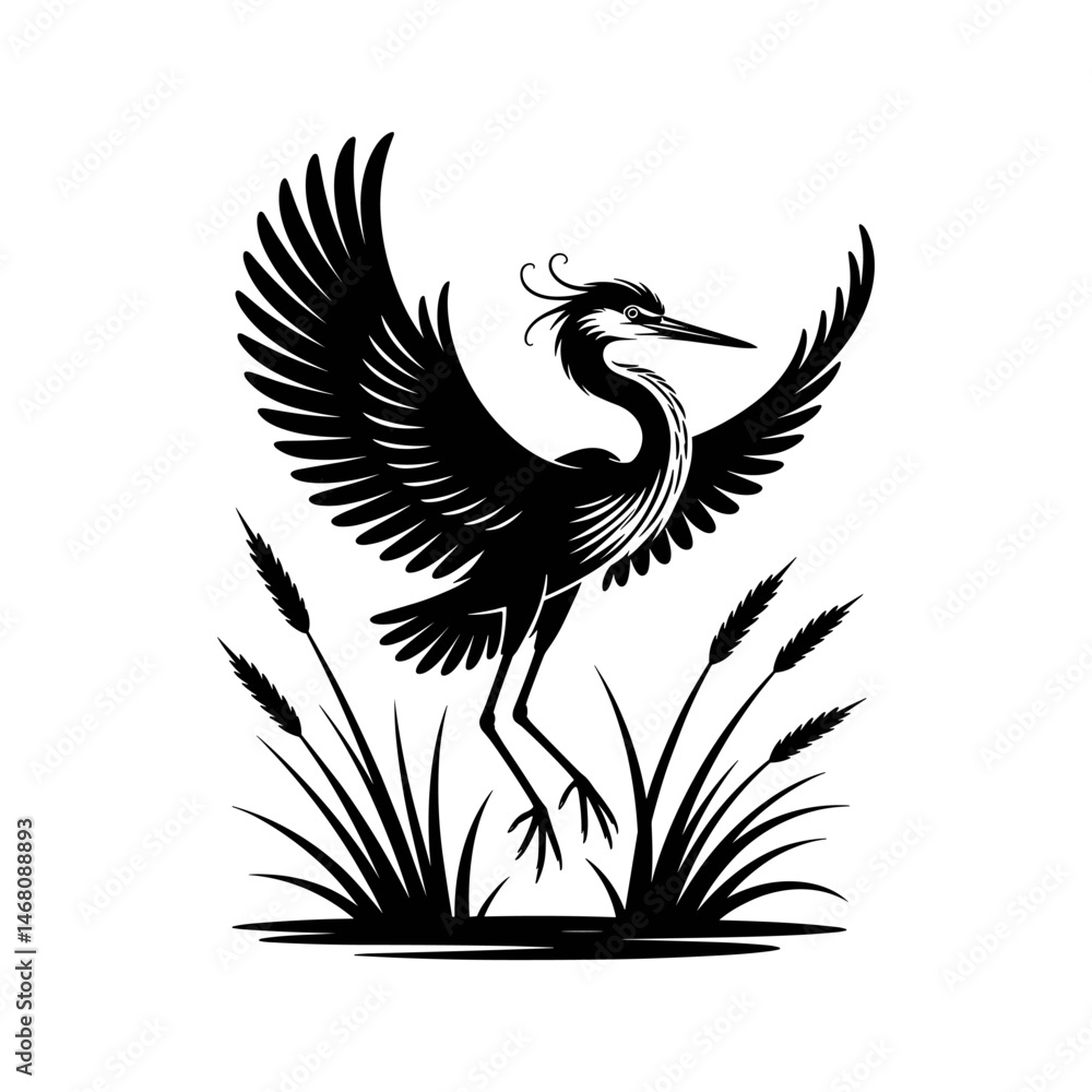 Obraz premium Majestic Heron in Reeds: A stylized black and white illustration of a heron gracefully poised amidst tall reeds, its wings outstretched in an elegant display.