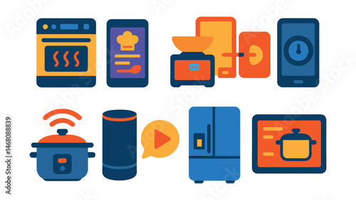 Flat vector icons of cooking with smart tools: app-controlled oven, digital recipe screen, smart scale with app, kitchen timer on phone, Wi-Fi slow cooker, voice assistant recipe command, connected