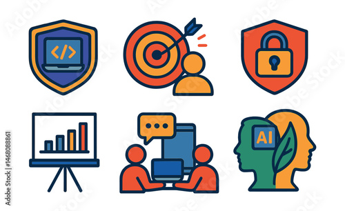 Flat vector icons of futuristic career skills: coding and software development badge, digital marketing strategist badge, cybersecurity specialist skills icon, AI and machine learning badge, data