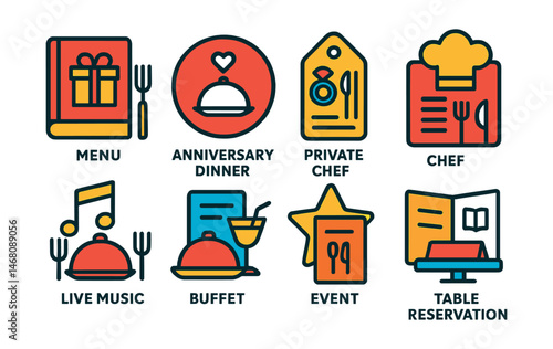 Flat vector icons of special event menus: birthday menu icon, anniversary dinner badge, wedding tasting tag, private chef night card, live music and meal combo, themed night buffet, event-only item,
